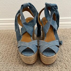 Brand New Polo Ralph Lauren strap denim platforms wedge